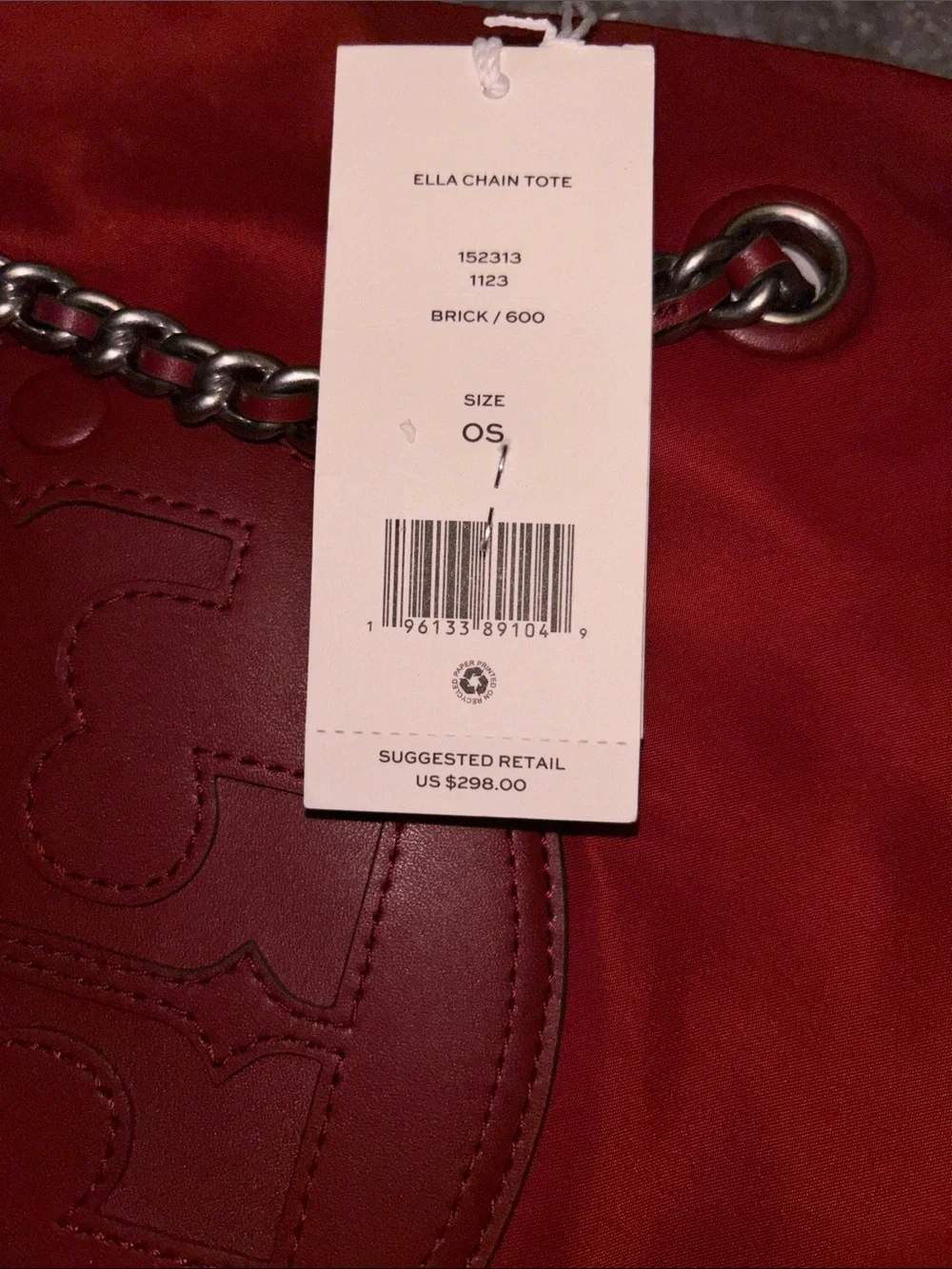 Tory Burch Red Satin Tote with Embossed Logo and Silver Chain